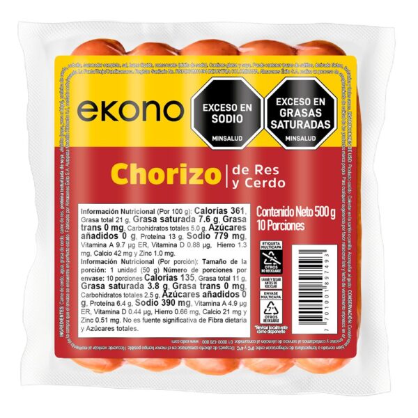 CHORIZO DE RES Y CERDO EKONO (500 gr)