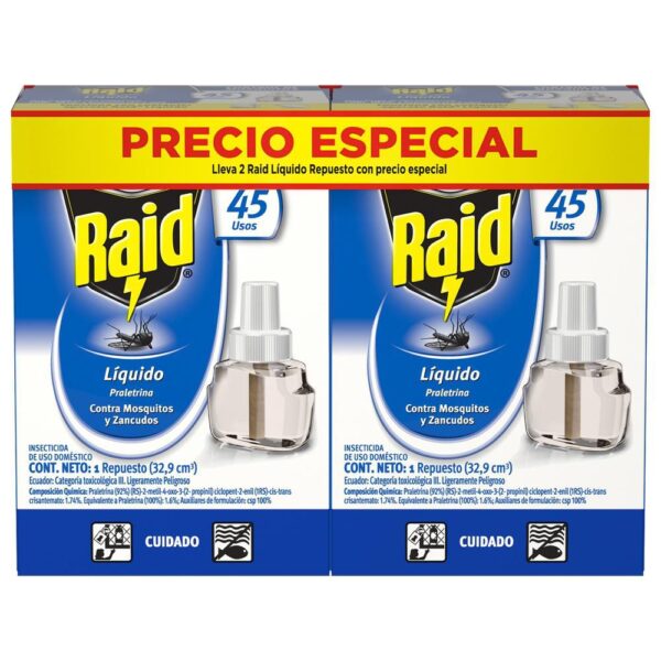 Repelente Líquido Insectos Voladores 2 Repuestos RAID 66 ml