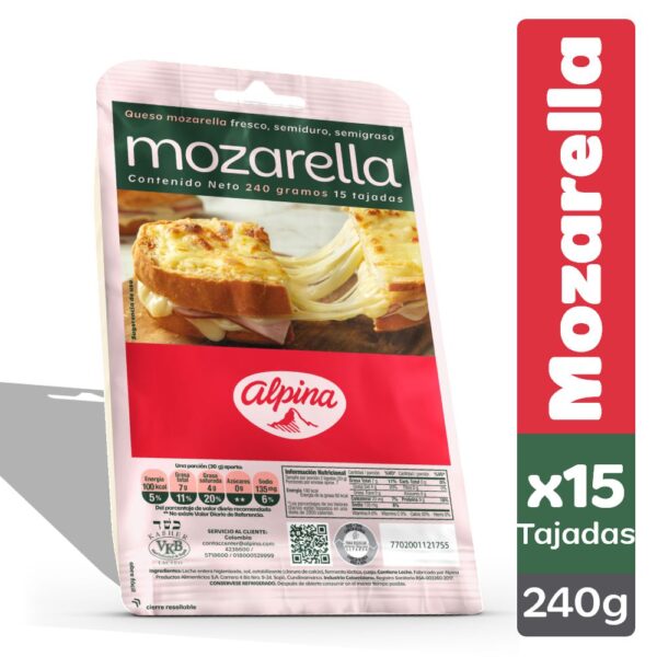 Queso Mozarella ALPINA 15 Tajadas (240 gr)