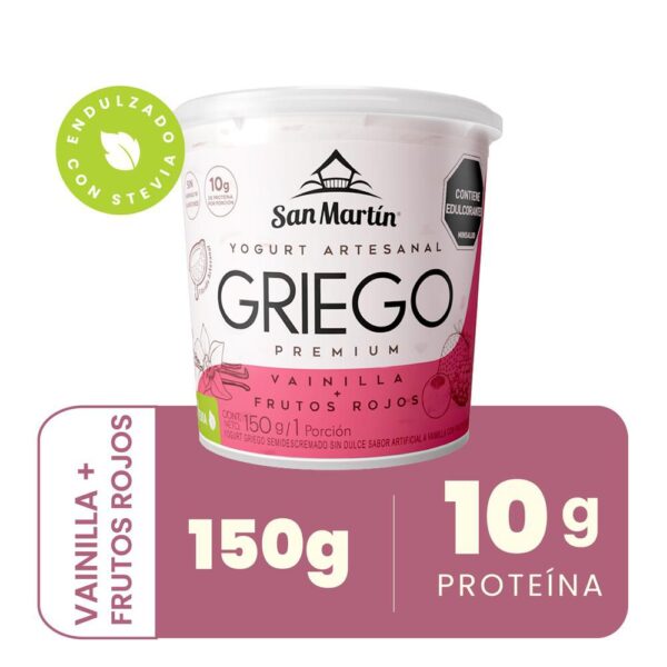 YOGUR GRIEGO VAINILLA FRUTOS ROJOS SAN MARTIN EXCELENTE FUENTE DE PROTEINA. (150 gr)