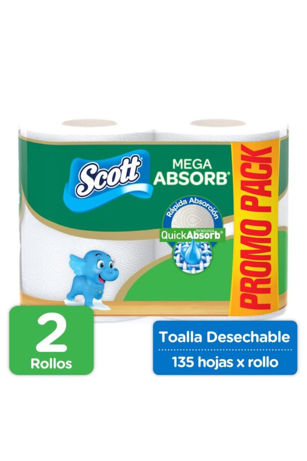 Toalla De Papel Desechable Scott Mega Absorbente 2 Rollos X135 Hojas