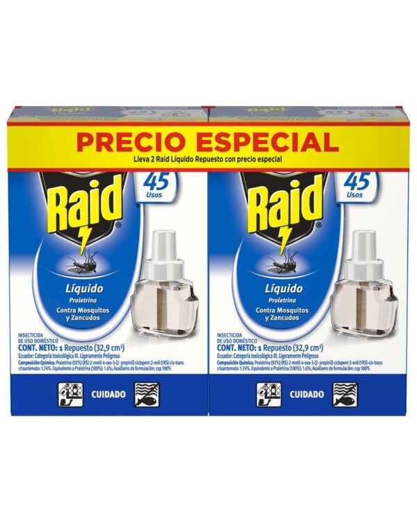 Insecticida Raid Repelente Liquido Para Moscas Y Mosquitos 2 Repuestos 76gr