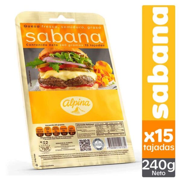 Queso sabana Alpina 15 tajadas x240g