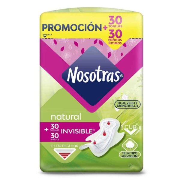 Toallas higiénicas Nosotras invisible x 30 und + Pañitos Íntimo x 30 und