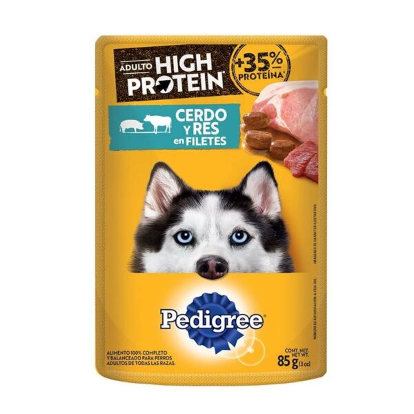 Alimento húmedo Pedigree High Protein perro adulto cerdo y res x85g