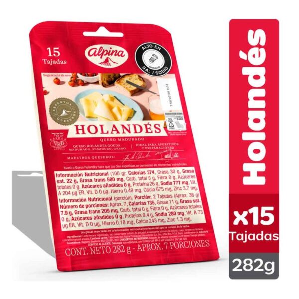 Queso holandés Alpina 15 tajadas x282g