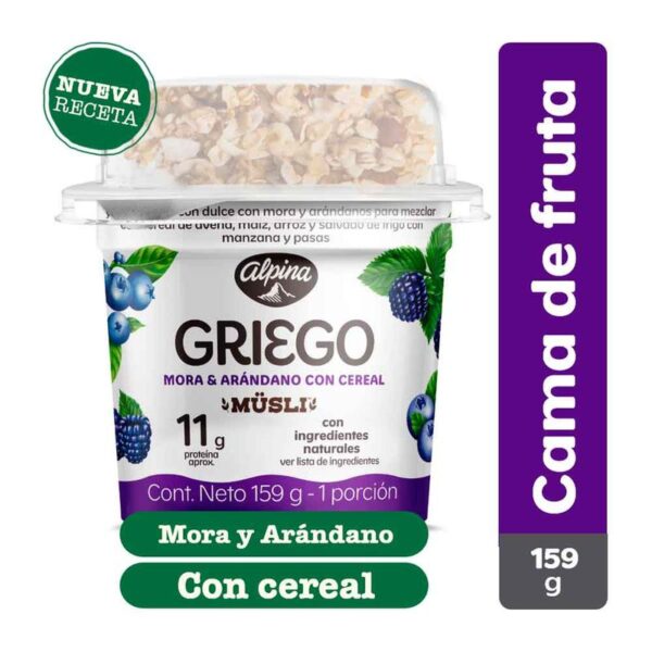 Yogurt griego Alpina mora y arándano con cereal x159g