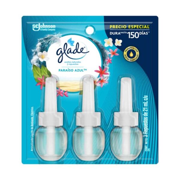 Ambientador Glade aceites naturales respuesto paraíso azul x3und x21ml