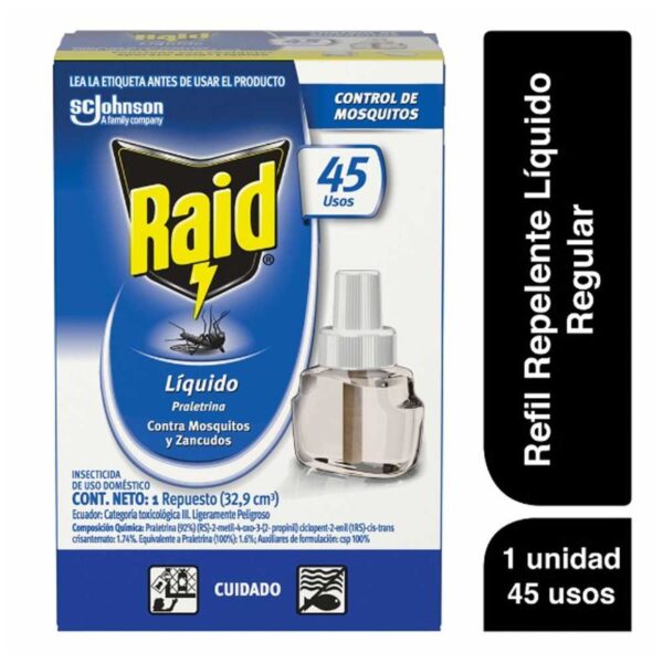 Repuesto insecticida repelente líquido contra zancudos 45 noches Raid x38g