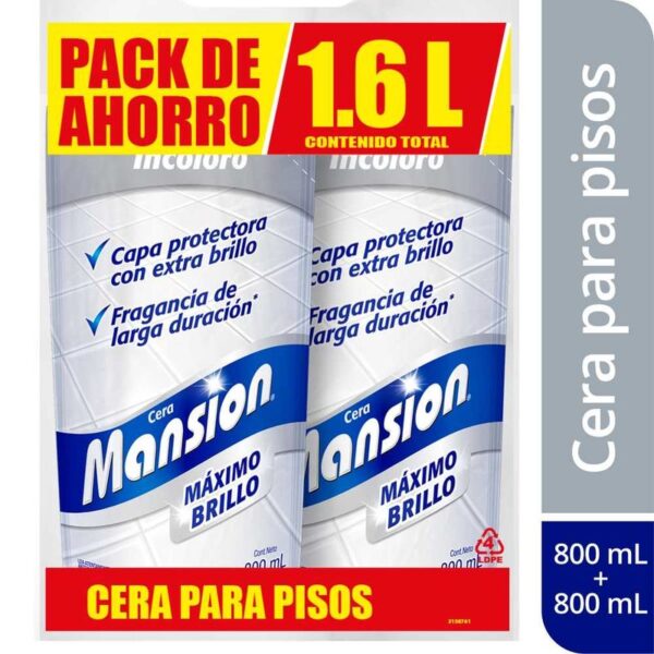 Cera para Pisos Mansion Máximo Brillo Todo Color x2und x800ml