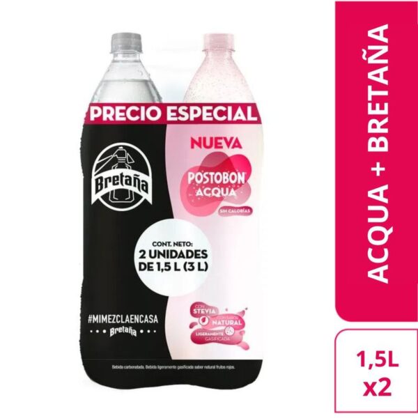 Gaseosa Postobon acqua + Bretaña pet x1.5l c-u