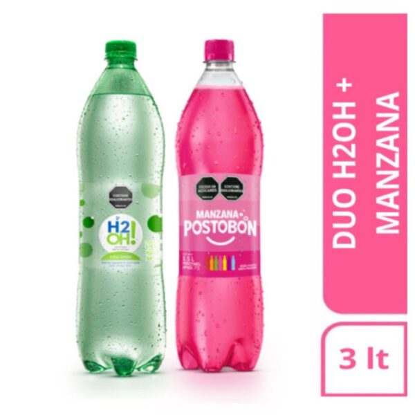 Agua saborizada H2OH! + Gaseosa Postobon manzana x1.5L c-u