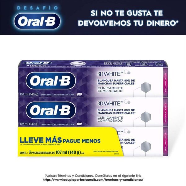 Crema Dental con Flúor Oral-B 3D White Brilliant Fresh 107ml 3 Und