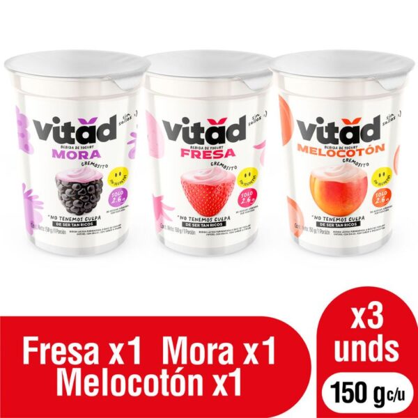 Bebida de Yogurt Vitad Sabor Mora Fresa Melocoton 150g x3 Unidades