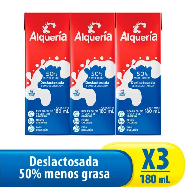 Leche Deslactosada Alquería 50% Menos Grasa x3 Und x180 ml