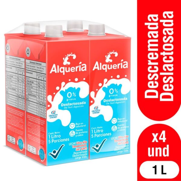 Leche Deslactosada Alquería 0% Grasa x4 Und x1 lt