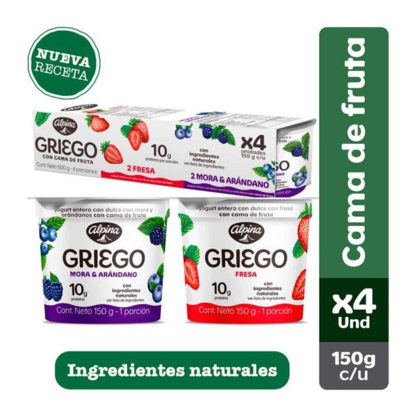 Yogurt griego Alpina cama de fruta surtido x4und x150g c-u