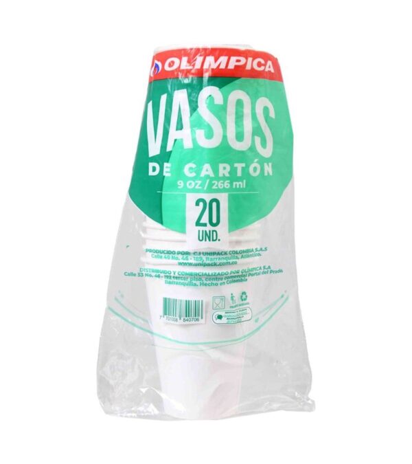 Vaso Cartón Olimpica Bebida Fría 9 Oz X20 Unds