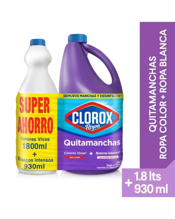 Quita Manchas Clorox Colores Vivos 1800 Ml + Quita Manchas Blancos Intensos 930 Ml