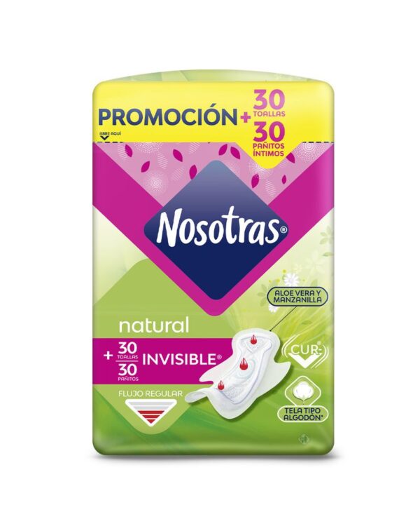 Toallas Higiénicas Natural Invisible Tela X30 Unds + Pañito Íntimo X30 Unds