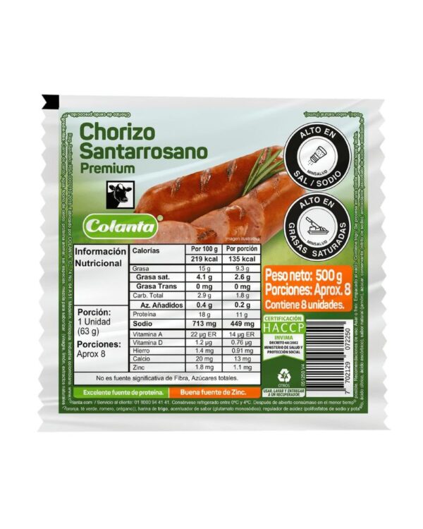 Chorizo Santarosano Colanta Premium 500 G X8 Unds
