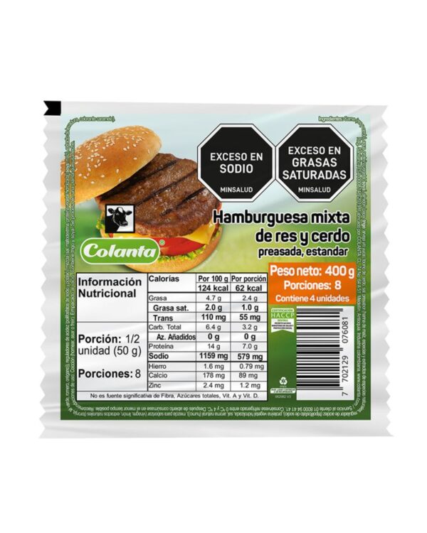 Hamburguesa De Res Y Cerdo Colanta Preasada 400 G X4 Unds