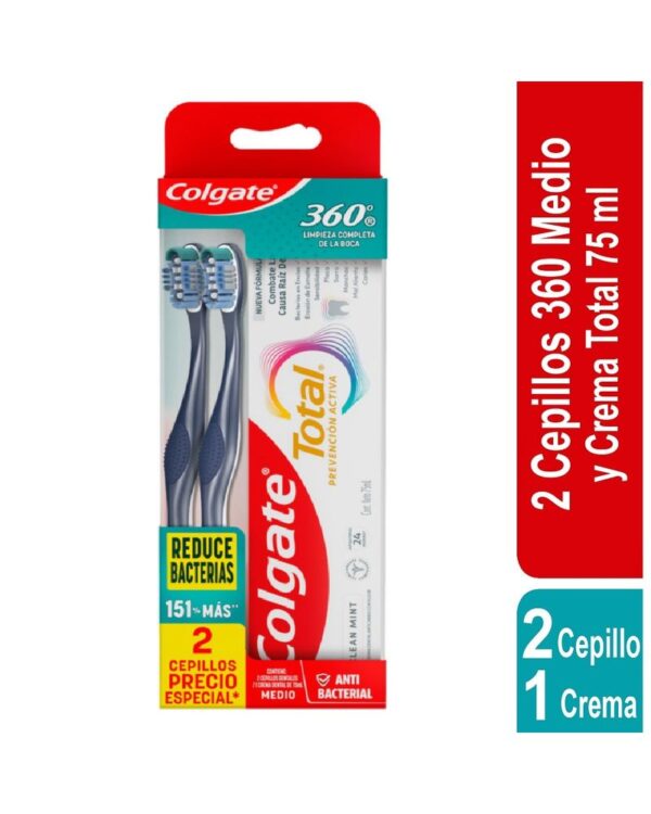 Cepillo De Dientes Medio Colgate 360° X2 Unds + Crema Dental Total 12