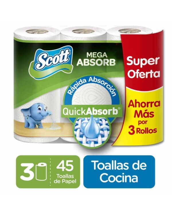 Absorbente Toalla De Papel Desechable Mega 3 Rollos X45 Hojas  Scott